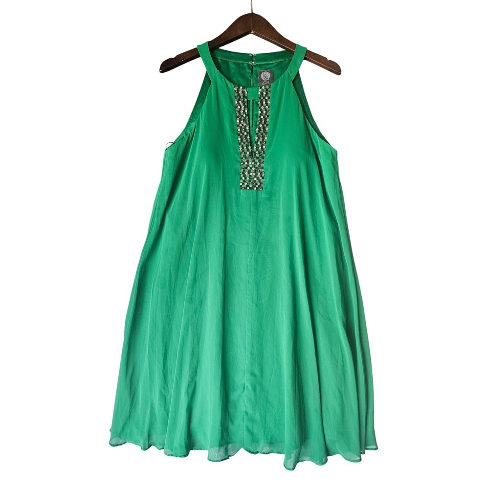 Vince Camuto Green Halter Dress Sleeveless Beaded Neckline Party Cocktail Sz 10‎